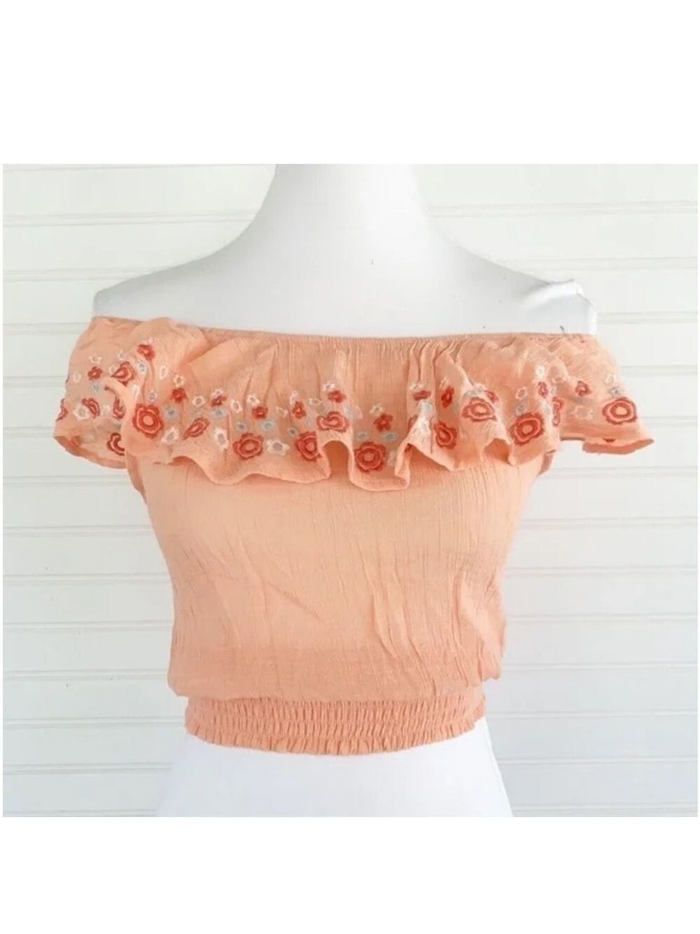 Mine Off The Shoulder Crop Top Small Peach Floral Embroidered Ruffle Smocked